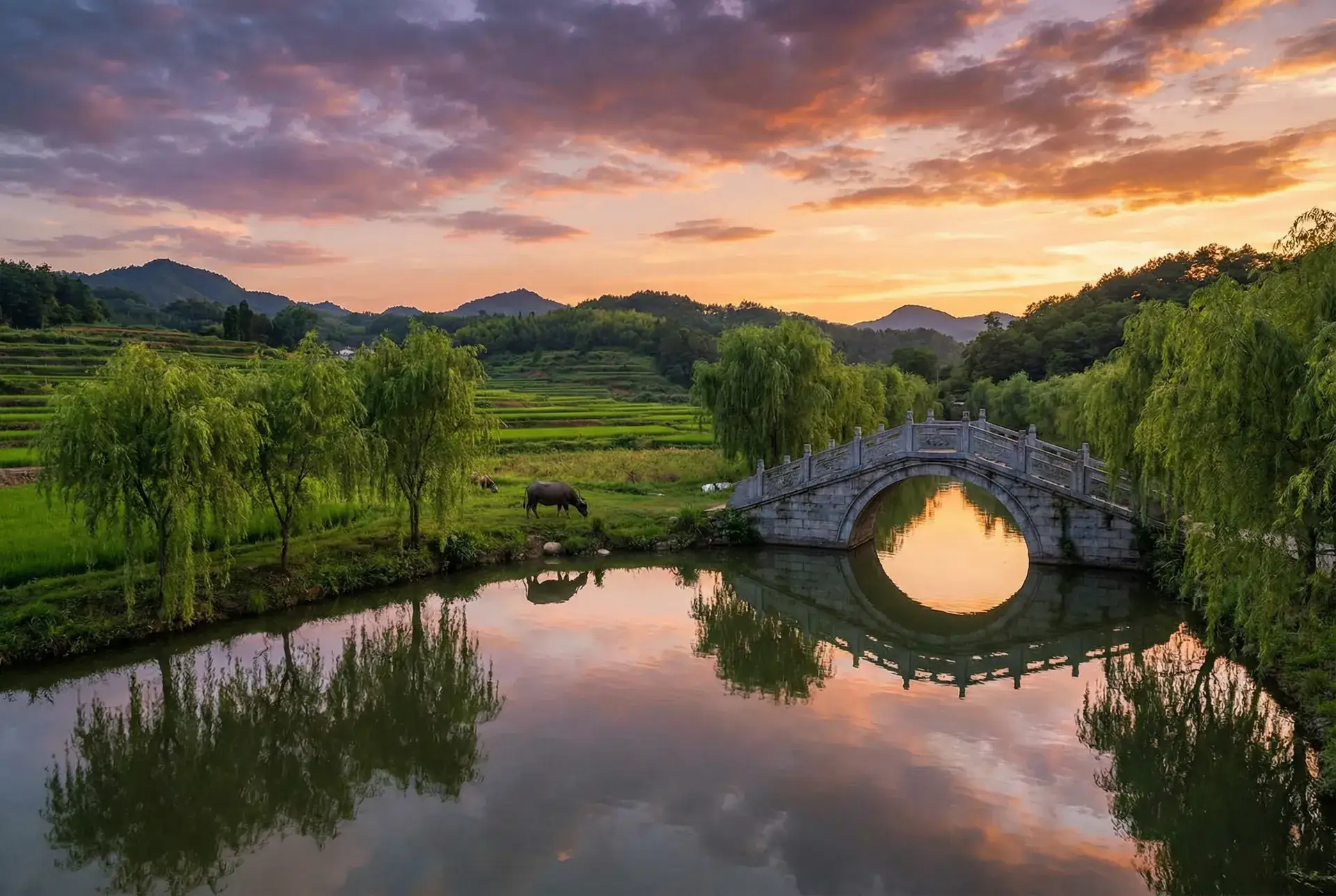 夕阳下的石拱桥与垂柳，水牛在河边吃草 - 与儿初试风雨 乡村美景